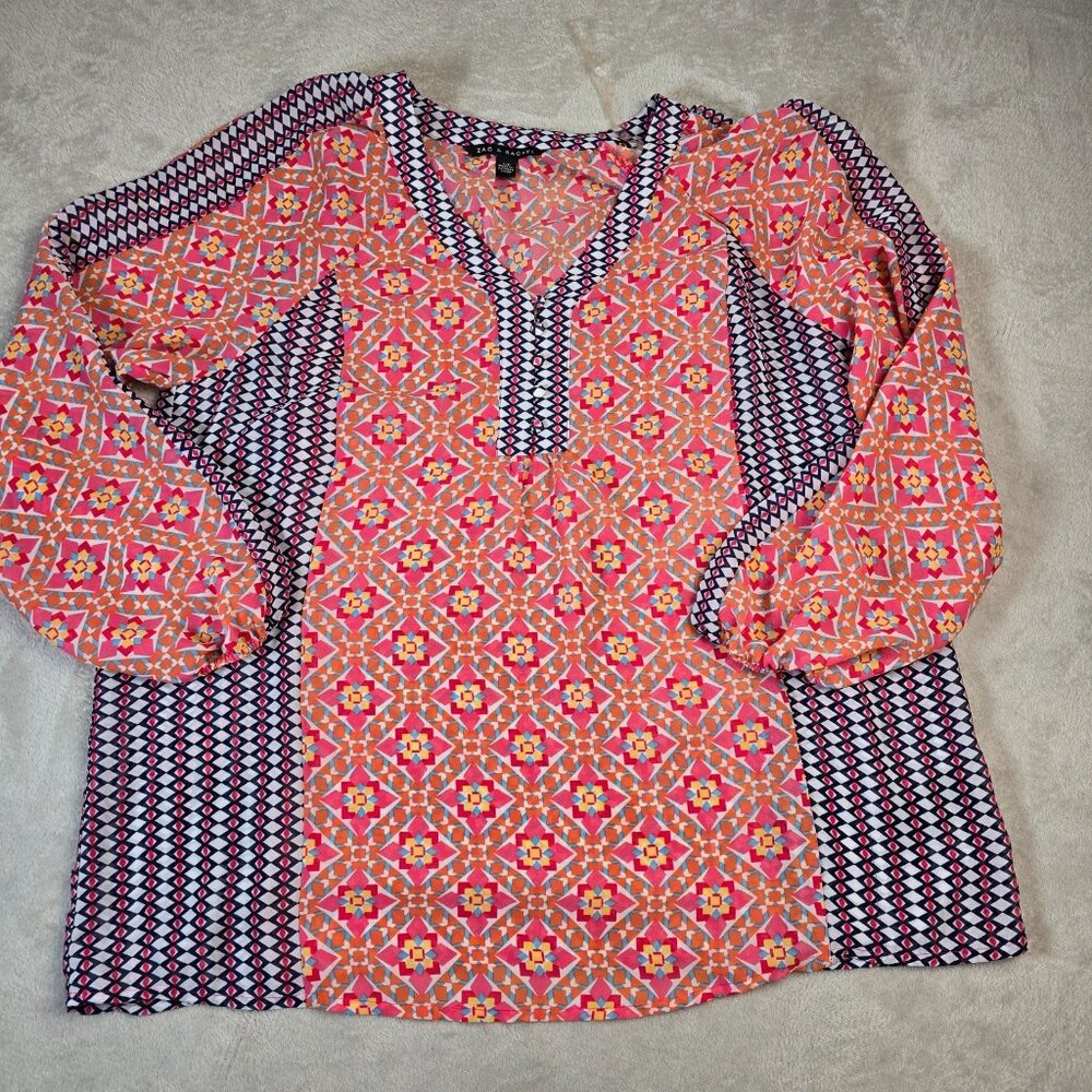 Zac and Rachel Blouse Womens Large Pink Geometric Flowy Boho Lightweight READ